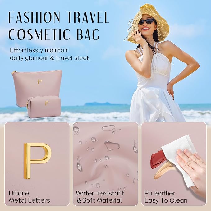 Women Gifts | Initial Makeup Bag Set for Girl Personalized Gifts for Bridesmaid Friend Graduation Teachers PU Leather Cosmetic Travel Toiletry Bag(Pink,P)