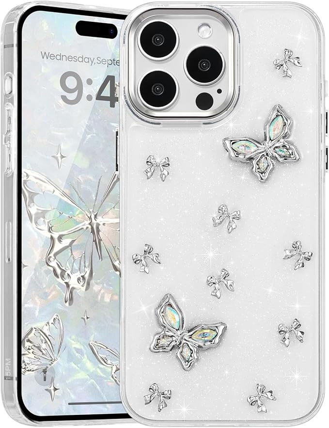 EYZUTAK Case for iPhone 15 Pro Max, Bling Glitter 3D Butterflies Bowknot Phone Case Cute Crystal Clear Bow Aesthetic Case Slim Soft Durable TPU Transparent Protective Cover for Women Girls - Butterfly