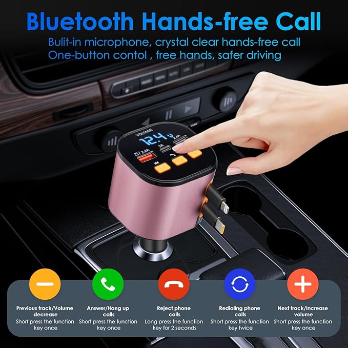 Retractable Car Charger,5 in 1 Fast Car Phone Charger 90W,Bluetooth 5.3 FM Transmitter Adapter,Handsfree Call,2 Retractable Cables and USB Cars Chargers for iPhone 17/16/15/14/13/Galaxy/Pixel