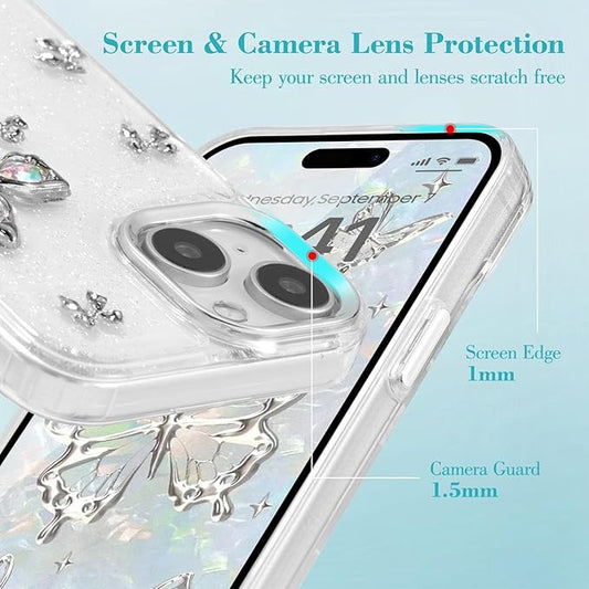 EYZUTAK Case for iPhone 15 Plus, Bling Glitter 3D Butterflies Bowknot Phone Case Cute Crystal Clear Bow Aesthetic Case Slim Soft Durable TPU Transparent Protective Cover for Women Girls - Butterfly