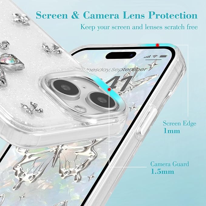 EYZUTAK Case for iPhone 15, Bling Glitter 3D Butterflies Bowknot Phone Case Cute Crystal Clear Bow Aesthetic Case Slim Soft Durable TPU Transparent Protective Cover for Women Girls - Butterfly