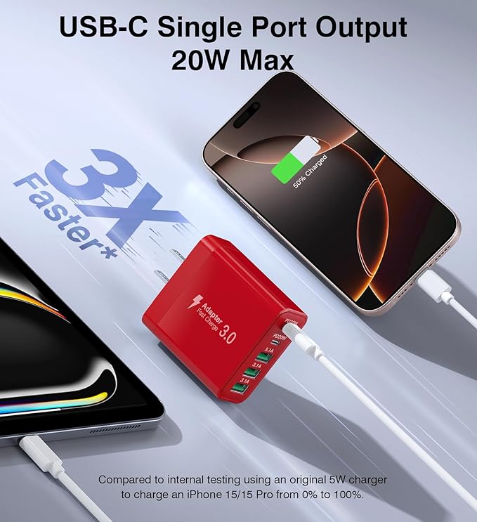 [2-Pack] USB C Wall Charger, 50W Fast USB C Charger Block, 5-Port PD Power Adapter + QC Wall Plug Multiport Type C Charging Block Cube Compatible with iPhone 16 15 14 13 12 11 Pro Max XR XS, Red