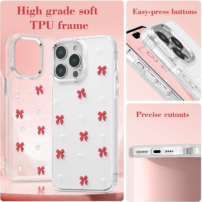 EYZUTAK Case for iPhone 14 Pro, Bling Glitter 3D Bowknot Phone Case Cute Sparkly Crystal Clear Bow Aesthetic Design Case Slim Soft Durable TPU Transparent Protective Cover for Women Girl - Red Bow