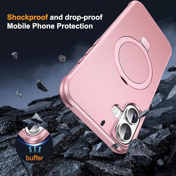 Compatible with iPhone 16 Plus Case with Invisible Magnetic O-Ring Stand Military-Grade Case for iPhone 16 Plus 6.7" [Compatible with Mag-Safe][Great Grip Feeling], Rose Gold