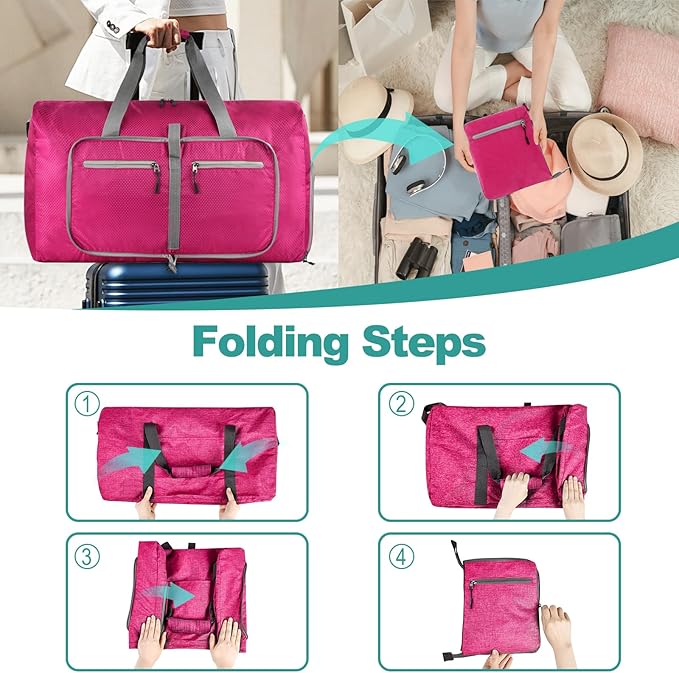 Dimayar Travel Duffle Bag for Men Women - Foldable Duffel Bag with Shoes Compartment - Overnight Bags Waterproof & Tear Resistant(40L,Fuchsine)