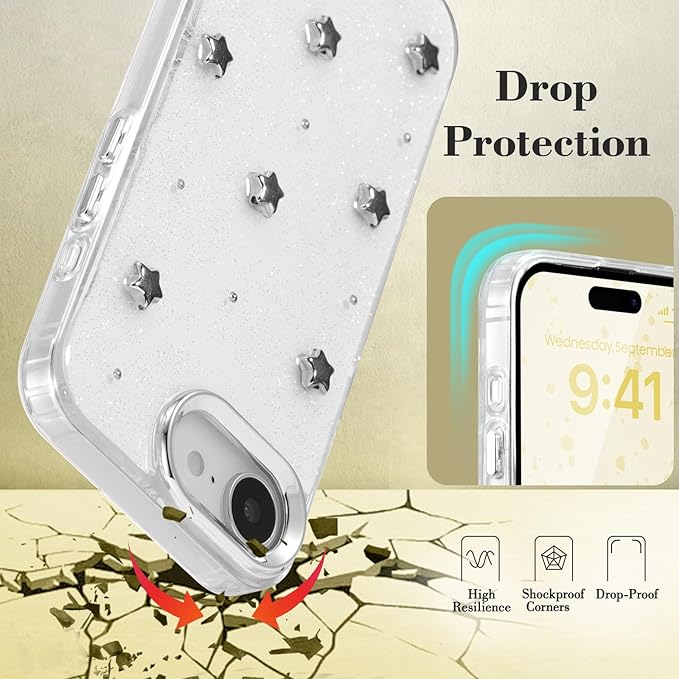 EYZUTAK Case for iPhone 16e, Bling Glitter 3D Stars Phone Case Cute Sparkly Crystal Clear Star Aesthetic Design Cover Slim Soft Durable TPU Transparent Protective Cover for Women Girls - Star