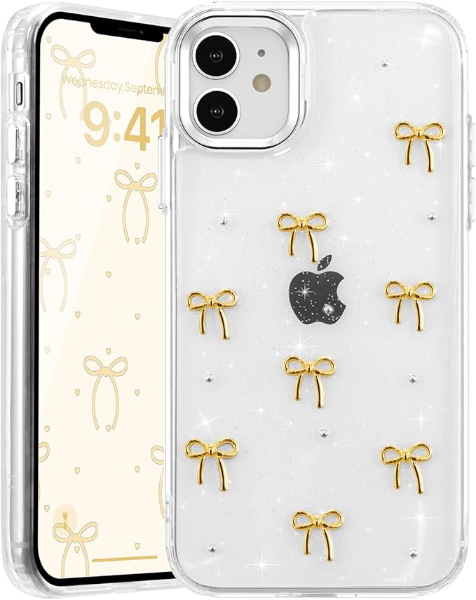 EYZUTAK Case for iPhone 12/iPhone 12 Pro, Bling Glitter 3D Bowknot Phone Case Cute Sparkly Crystal Clear Bow Aesthetic Case Slim Soft Durable TPU Transparent Protective Cover for Women Girls- Gold Bow