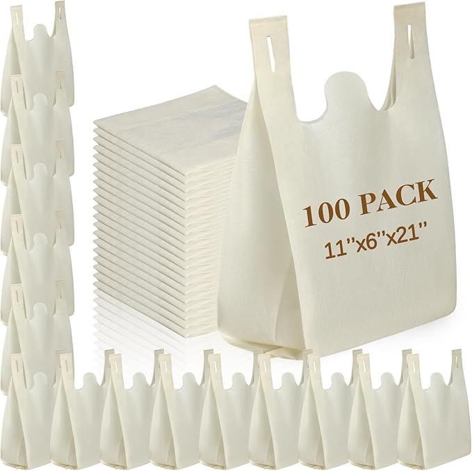 Windyun Large Grocery T-shirt Bags Bulk Reusable Non Woven Shopping Bag Foldable Gift Tote with Handle, 21x11x6 Inch