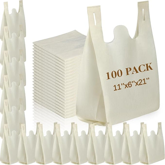 Windyun Large Grocery T-shirt Bags Bulk Reusable Non Woven Shopping Bag Foldable Gift Tote with Handle, 21x11x6 Inch