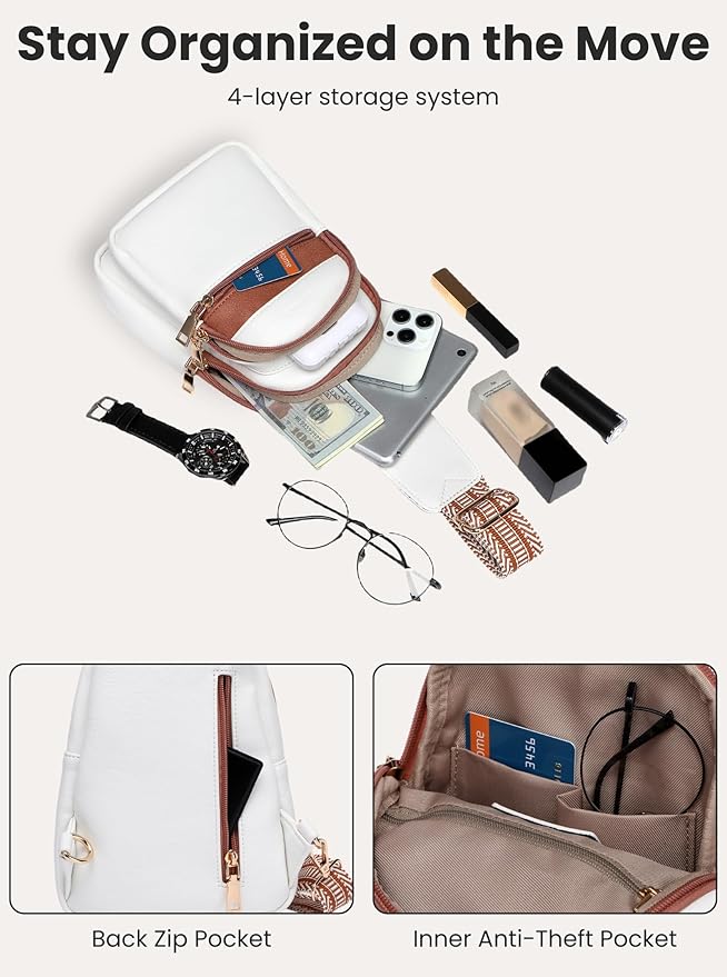 Sling Bag for Women Vegan Leather Fanny Pack Small Crossbody Purse Anti Theft Chest Bag for Travel Beige & Brown