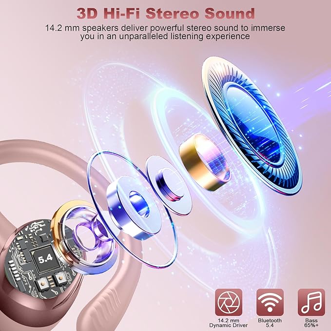 Wireless Earbuds Sport, 2025 Bluetooth 5.4 Headphones with Earhooks, 50H Stereo Deep Bass Over Ear Buds with 4 ENC Noise Canceling Mics, IP7 Waterproof Earphones for Running Workout Gym -Rose