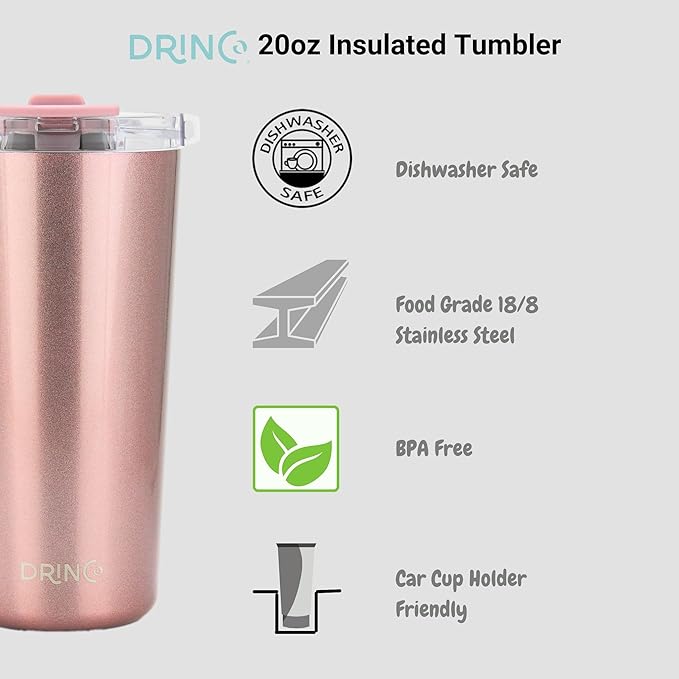 Drinco - 20 oz Stainless Steel Tumbler | Double Walled Vacuum Insulated Mug With Lid, 2 Straws, For Hot & Cold Drinks (20oz Bling Rose Gold, 20oz)