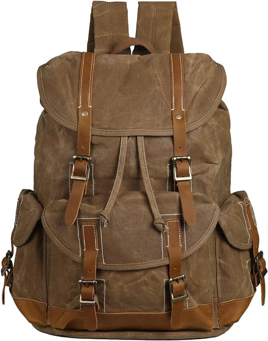 Backpack for Men Heavy Duty Waxed Canvas Vintage Women Trim Casual 15.6" laptop Travel Backpack-Brown