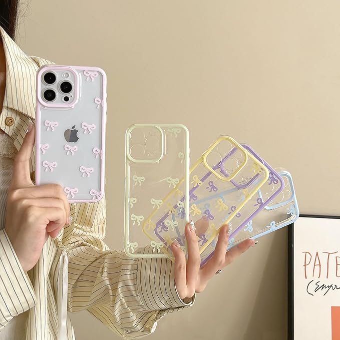 EYZUTAK Case for iPhone 14 Pro, Clear Cute Ribbon Bowknot Pattern Aesthetic Transparent Phone Case Raised Camera Protection Stylish Slim Soft Durable TPU Protective Cover for Women Girls - Pink