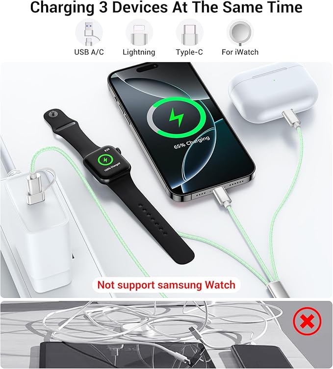 Temdan for Travel Vacation Essentials,3 in 2 USB C Cable for Apple Watch Charger/iPhone 17 Charger/Lightning,Multi Charging Cable Cord,Camping Essentials,Designed for iWatch &iPhone 16-12-5FT Green