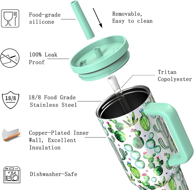 TILUCK 40 oz Tumbler with Handle, Vacuum Insulated Stainless Steel Travel Mug with 100% Leak-Proof Silicone Straw Lid, Cupholder Friendly Water Bottle(Cactus, 40oz)