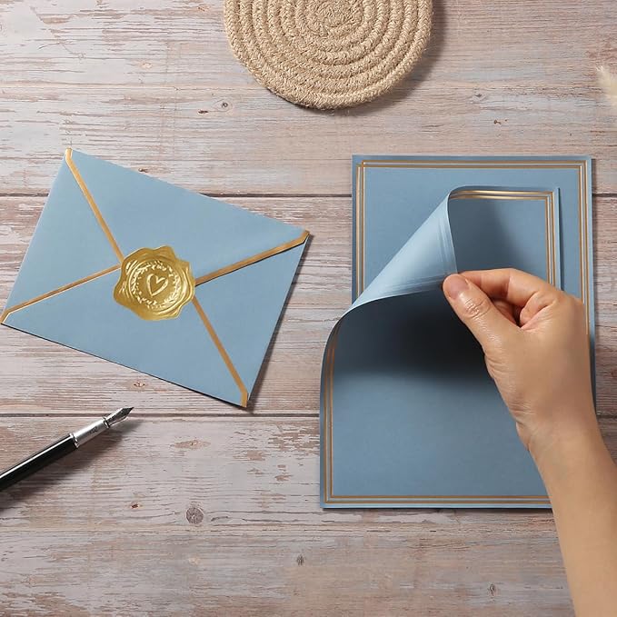 50 Pack Stationery Set with Gold Border, A6 Envelopes and 6x8 Paper Sheets and Stickers for Writing Letters (Dusty-Blue, 6x8 Inches)