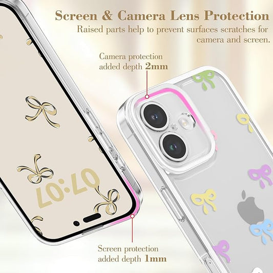 EYZUTAK Case for iPhone 16 Plus, Clear Cute Ribbon Bowknot Pattern Aesthetic Transparent Phone Case Raised Camera Protection Stylish Slim Soft Durable TPU Protective Cover for Women Girls - Colorful