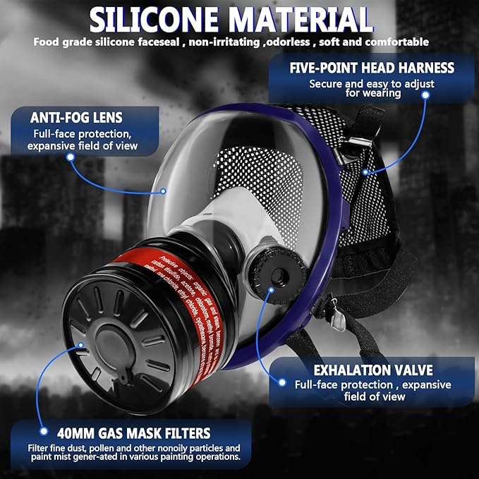 Full Face Gas Respirator Mask - Gas Masks Survival Nuclear and Chemical with Activated Carbon Filters