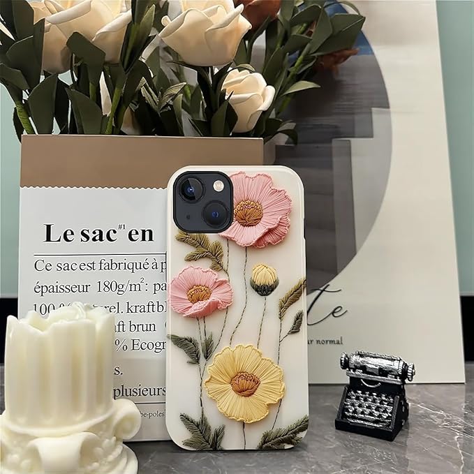 Case for iPhone 15 Case,Faux Embroidery Boho Floral Design - Hybrid Dual Protection Silicone + Hard PC Shockproof Full Body Cover Slim Anti-Scratch Protective Case for Men Women