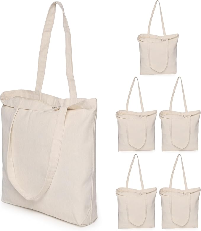 Koolmox 6-Pack 13.5x13.5x3.5 Tote Bags with Zipper, Reinforced Handles and Widen Bottom, Canvas Tote Bag, Grocery Shopping Beach Reusable Totes Bags Vacation Bag Solid Beige Book Bag for Crafts Paint