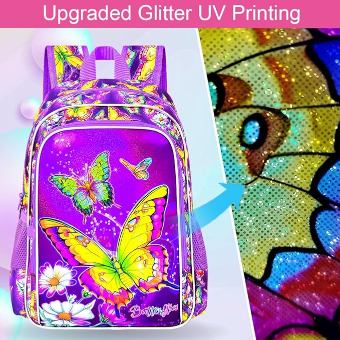 3Pcs Butterfly Backpack for Girls, 16" Kids Bookbag with Lunch Box，School Backpacks for Elementary Preschool Kindergarten (Purple)