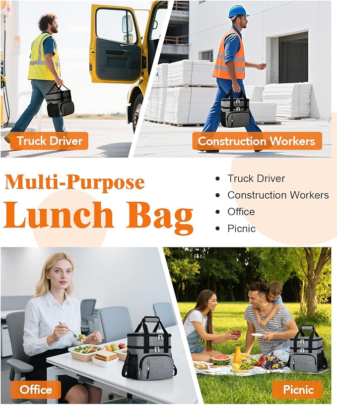 Lunch Box for Men, Double Insulated Lunch Bag Reusable Leakproof Cooler Bag Portable Picnic Food Bag, Adult Lunch Tote Lunch Bag for Work, Construction Worker, Truck Driver,Beach-Grey