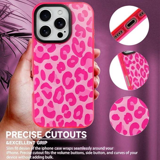 SAKUULO Magnetic for iPhone 16 Pro Max Case Hot Pink Leopard Print Pattern [Compatible with MagSafe] [with Screen Protector] Wireless Charge Strengthen Protection Cover, Hot Pink Leopard (6.9")