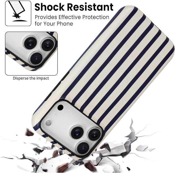 SOKAD Magnetic Vertical Stripes Phone Case for iPhone 17 Pro, Cute Navy Blue Striped Line Pattern Compatible with Magsafe Matte Protective Case Cover with Screen Protector for Girls Women