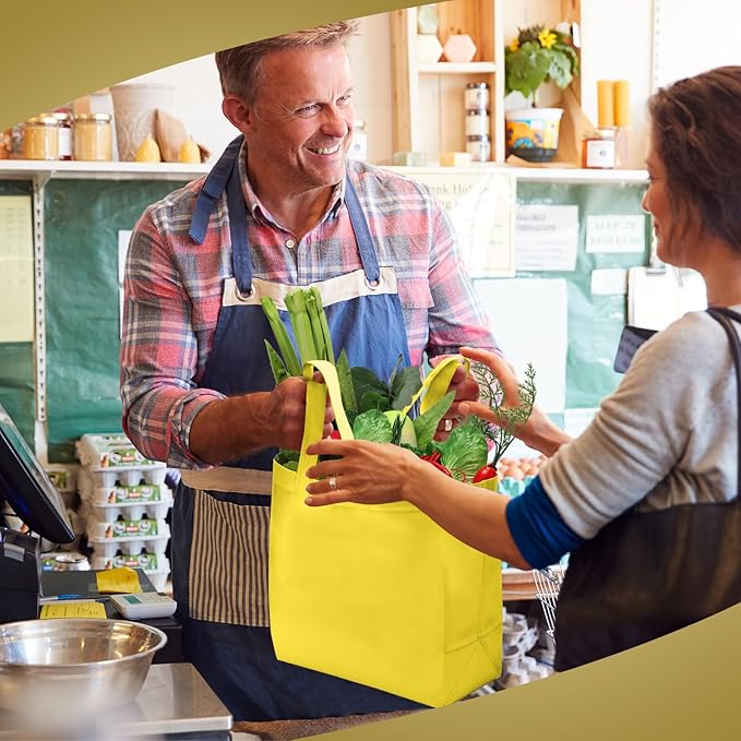 Reginary Reusable Totes Bags - 100 Pcs Non Woven Grocery Handle Bags for Shop Events & Retail Store(Yellow)