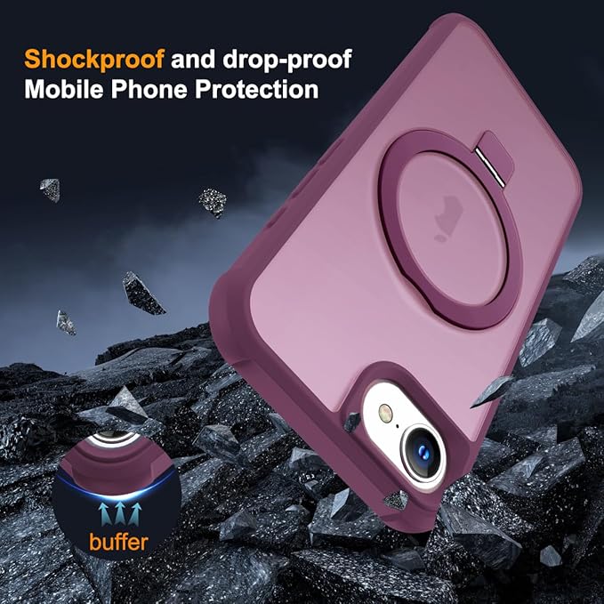 Compatible with iPhone 16E Case with Invisible Magnetic O-Ring Stand Military-Grade Translucent Case for iPhone 16E 6.1" 2025 [Compatible with Mag-Safe][Great Grip Feeling], Wine Red