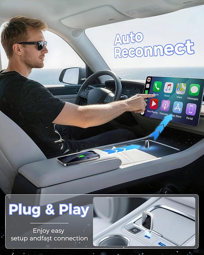 Wireless CarPlay Adapter 2025 Upgrade, Mini USB Design Converts Wired Car Play to Wireless, Plug and Play, Ultra-Low Latency Fast Stable Connection Compatible with iPhone 6+(Silver)