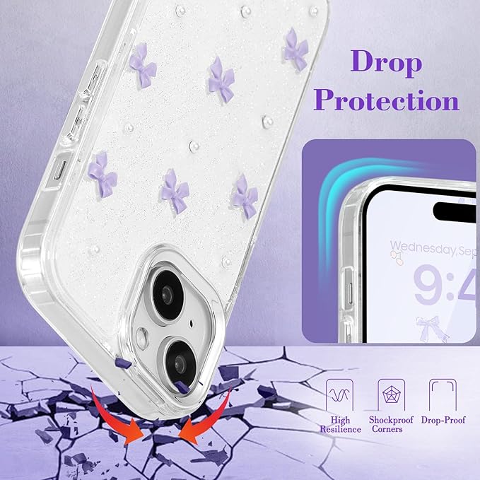 EYZUTAK Case for iPhone 13/iPhone 14, Bling Glitter 3D Bowknot Phone Case Cute Sparkly Crystal Clear Bow Aesthetic Case Slim Soft Durable TPU Transparent Protective Cover for Women Girls - Purple Bow