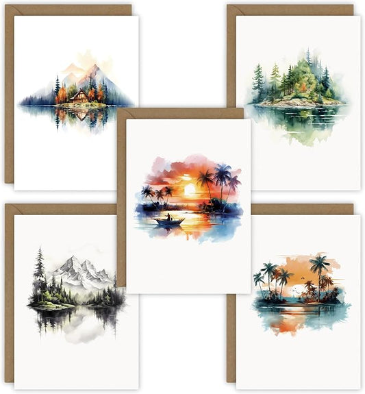 5 Watercolor Landscape Greeting Cards All Occasion Blank Note Cards with Envelopes (Landscape 5x1)