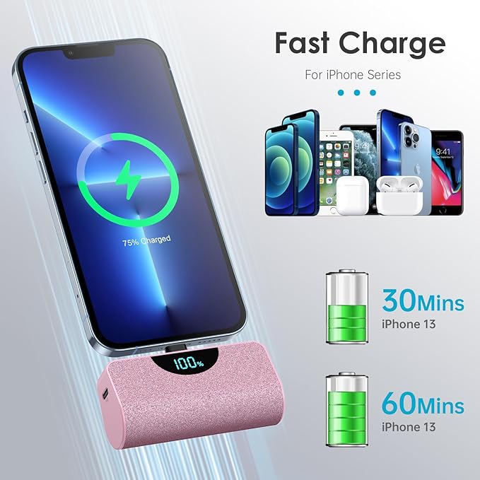 Mini Portable Charger Power Bank for iPhone, 5200mAh External Battery Charging Bank, 20W PD Fast Charging Battery Pack Portable Phone Charger for iPhone 14 Pro Max/14/13/12/11/XR/X/8/7/6/SE (Pink)