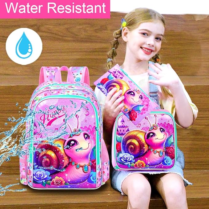 16" Backpack for Girls, 16" Kids Bookbag with Lunch Box，Snail School Backpacks for Elementary Preschool Kindergarten (Pink)