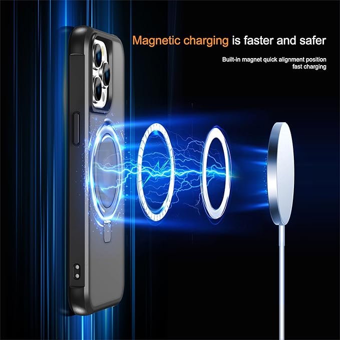 Compatible with iPhone 15 Pro Case with Invisible Magnetic O-Ring Stand Military-Grade Translucent Case for iPhone 15 Pro 6.1" [Compatible with Mag-Safe][Great Grip Feeling], Black