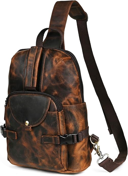 Thick Crazy horse Leather Triangle Crossbody Sling Chest Bag Travel One Shoulder Bag Daypack For Men Male 3028