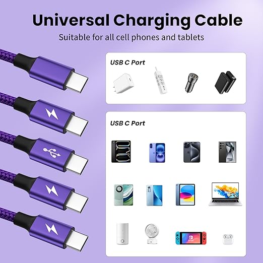 USB C Splitter Multi Charging Cable, Nylon Braided 4 in 1 Cables, USB C to USB C Cable with 4 Type C Compatible with iPhone 17/16 Series, Galaxy S Series with Most Phones and More (1PACK 5FT)