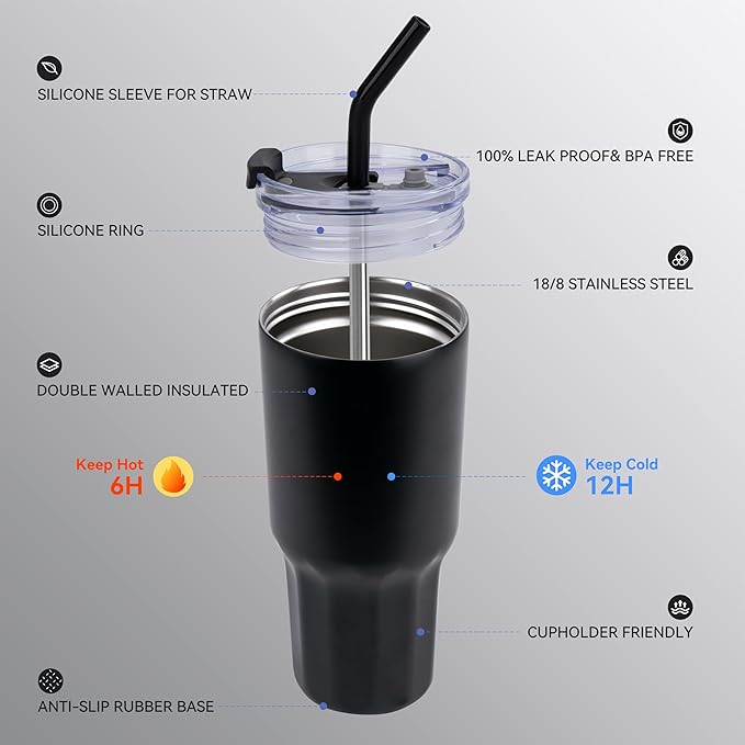 VEGOND 30 oz Insulated Stainless Steel Tumbler with lid and straw Double Wall Vacuum Travel Coffee Mug with Non-Slip Silicone Base, Sweat Proof Powder Coated Cup for Hot Cold Drinks, Black