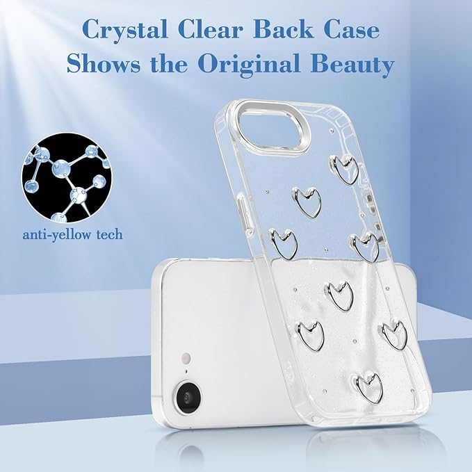 EYZUTAK Case for iPhone 16e, Bling Glitter 3D Hearts Phone Case Cute Sparkly Crystal Clear Heart Aesthetic Design Cover Slim Soft Durable TPU Transparent Protective Cover for Women Girls - Heart
