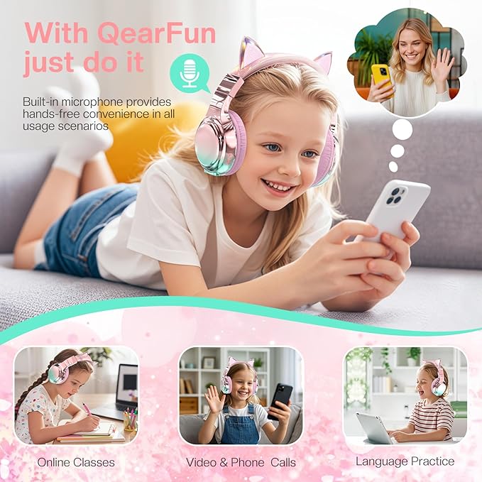 QearFun Kids Cat Ear Bluetooth Headphones, 60H Playtime, 74/85/94dB Safe Volume Limit, Metallic Gradient Wireless Headset with Mic, Fast Charging, Foldable, Wired Mode for Girls School/Tablet/Travel