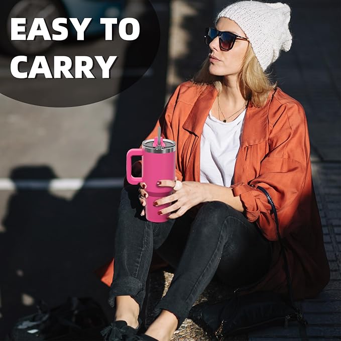 30 oz Tumbler with Handle,Tumbler with Lid and Straw,Double Wall Insulated Cup Stainless Steel Travel Mug(Cold for 34 Hours),Water Bottle for Iced Tea,Coffee,Cold Beverages(Gloss Pink)