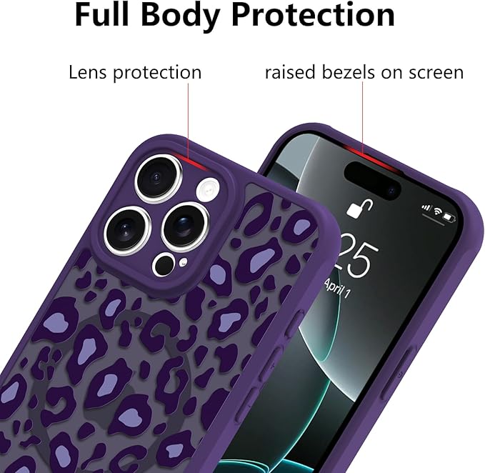 KANGHAR Case for iPhone 16 Pro Max Purple Leopard Printed Pattern Cute Cheetah [Compatible with Magsafe] Protective Magnetic Case for Girls Women 6.9"