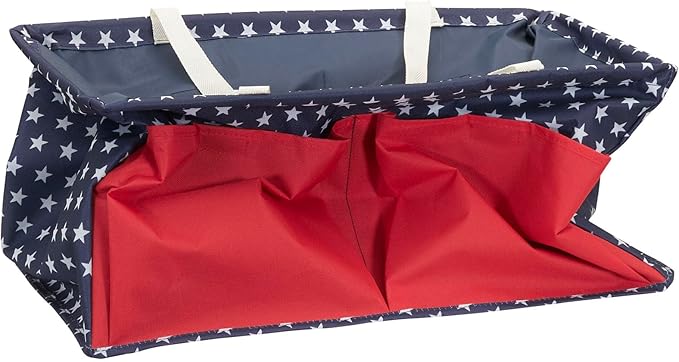 Household Essentials Krush Container All-Purpose Utility Tote, Water-Resistant Vinyl Lining with Pockets, Red, White and Blue