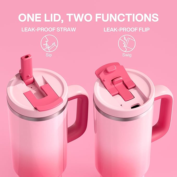 40 oz Tumbler with Handle and Straw: Stainless Steel Insulated Tumbler Keeps Cold for 24 Hours, Leakproof Travel Cup Fits in Cup Holder and BPA-Free, Flamingo