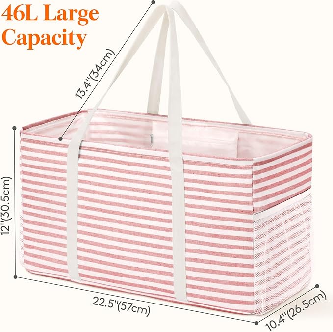 Lifewit Extra Large Tote Bag, Reusable Grocery Bags with Metal Wire Frame and Handles, Standing Utility Foldable Shopping Bags for Storage, Picnics, Beach, Pool, Laundry, Car 2 Packs 46L Gray and Pink