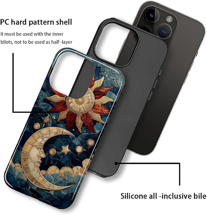 Case for iPhone 15 Pro Case,Sun Moon Stars Faux Stained Glass Design - Hybrid Dual Protection Silicone + Hard PC Shockproof Full Body Cover Slim Anti-Scratch Protective Case for Men Women