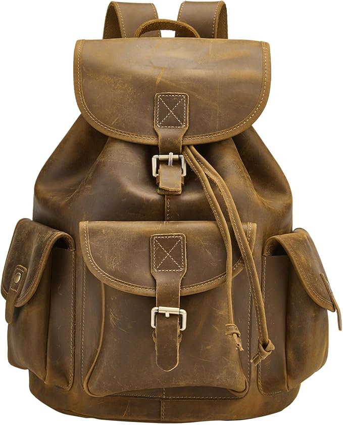 Backpack for Men Women Vintage Crazy Horse Full Leather Travel Daypack 15.6" Laptop Rucksack