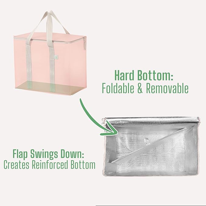 VENO 2 Pack Cooler Bag and Insulated Grocery Bags for Food Delivery, Collapsible Cooler. Reusable Shopping Bags for Groceries with Hard Bottom, Zippered, Foldable, Heavy-Duty (Peach Pink, 2 Pack)